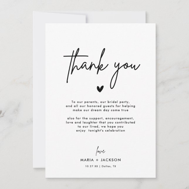 Minimalist Wedding Menu Thank You Note Cards (Front)