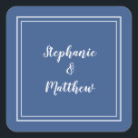 Minimalist Wedding Modern Blue Favour Thank You Square Sticker<br><div class="desc">Modern minimalist and chic Wedding design features bride & groom's names in a modern design with a double framed border in white on a trendy classic blue background. The modern design is simple and chic. Personalise wedding details with your names in crisp white script. Be sure to see the collection...</div>