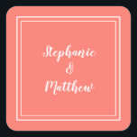 Minimalist Wedding Modern Coral Favour Thank You Square Sticker<br><div class="desc">Modern minimalist and chic Wedding design features bride & groom's names in a modern design with a double framed border in white on a trendy coral background. The modern design is simple and chic. Personalise wedding details with your names in crisp white script. Be sure to see the collection link...</div>