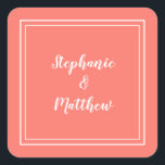 Minimalist Wedding Modern Coral Favour Thank You Square Sticker<br><div class="desc">Modern minimalist and chic Wedding design features bride & groom's names in a modern design with a double framed border in white on a trendy coral background. The modern design is simple and chic. Personalise wedding details with your names in crisp white script. Be sure to see the collection link...</div>