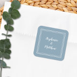 Minimalist Wedding Modern Dusty Blue Thank You Square Sticker<br><div class="desc">Modern minimalist and chic Wedding design features bride & groom's names in a modern design with a double framed border in white on an dusty blue background. The modern design is simple and chic. Personalise wedding details with your names in crisp white script. Be sure to see the collection link...</div>