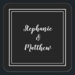 Minimalist Wedding Modern  Favour Black & White Square Sticker<br><div class="desc">Modern minimalist and chic Wedding design features bride & groom's names in a modern design with a double framed border in white on a sophisticated black background. The modern design is simple and chic. Personalise wedding details with your names in crisp white script. Be sure to see the collection link...</div>