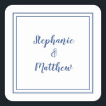 Minimalist Wedding Modern Favour Thank You Blue Square Sticker<br><div class="desc">Modern minimalist and chic Wedding design features bride & groom's names in a modern design with a double framed border in classic blue on an white background. The modern design is simple and chic. Personalise wedding details with your names in trendy blue script. Be sure to see the collection link...</div>