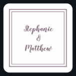 Minimalist Wedding Modern Favour Thank You Purple Square Sticker<br><div class="desc">Modern minimalist and chic Wedding design features bride & groom's names in a modern design with a double framed border in dark purple on a white background. The modern design is simple and chic. Personalise wedding details with your names in a trendy purple script. Be sure to see the collection...</div>