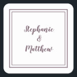 Minimalist Wedding Modern Favour Thank You Purple Square Sticker<br><div class="desc">Modern minimalist and chic Wedding design features bride & groom's names in a modern design with a double framed border in dark purple on a white background. The modern design is simple and chic. Personalise wedding details with your names in a trendy purple script. Be sure to see the collection...</div>