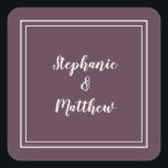 Minimalist Wedding Modern Purple Favour Thank You Square Sticker<br><div class="desc">Modern minimalist and chic Wedding design features bride & groom's names in a modern design with a double framed border in white on a purple background. The modern design is simple and chic. Personalise wedding details with your names in crisp white script. Be sure to see the collection link on...</div>