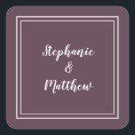 Minimalist Wedding Modern Purple Favour Thank You Square Sticker<br><div class="desc">Modern minimalist and chic Wedding design features bride & groom's names in a modern design with a double framed border in white on a purple background. The modern design is simple and chic. Personalise wedding details with your names in crisp white script. Be sure to see the collection link on...</div>