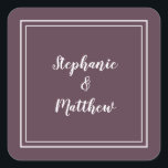 Minimalist Wedding Modern Purple Favour Thank You Square Sticker<br><div class="desc">Modern minimalist and chic Wedding design features bride & groom's names in a modern design with a double framed border in white on a purple background. The modern design is simple and chic. Personalise wedding details with your names in crisp white script. Be sure to see the collection link on...</div>
