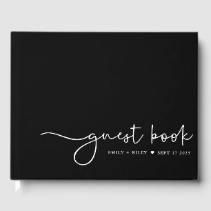 Minimalist Wedding Modern Script Monogram   Black Guest Book
