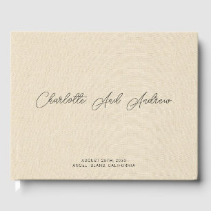 Minimalist Wedding Monogram Cream Faux Linen  Guest Book