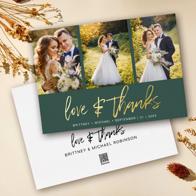 Minimalist Wedding Photo Collage Green Thank You (Show your appreciation to your loved ones with an awesome photo thank-you card!)