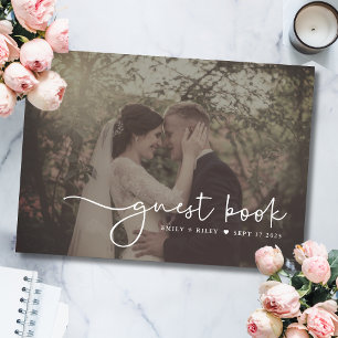 Minimalist Wedding Photo Script Monogram Black Guest Book