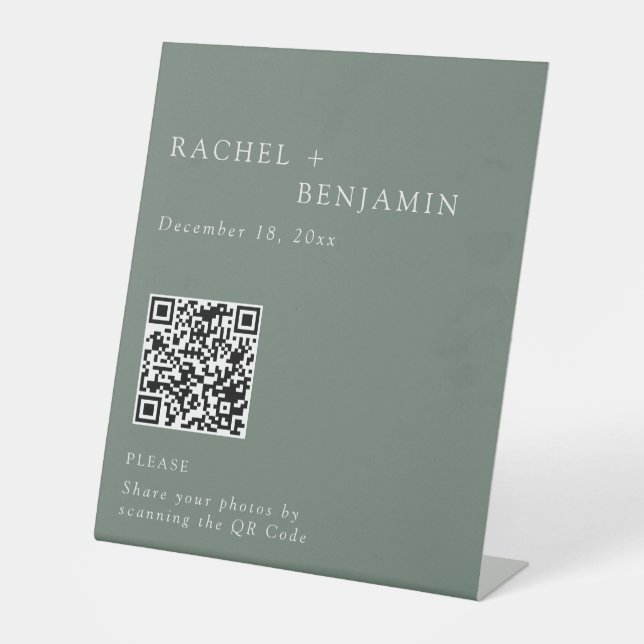 Minimalist Wedding Photo Share QR Code Sage Green Pedestal Sign (Front)