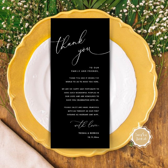 Minimalist Wedding Place Setting Thank You Card (Welcome n Thanks Wedding Reception Dinner Brunch Lunch Thank You Card in Black White)