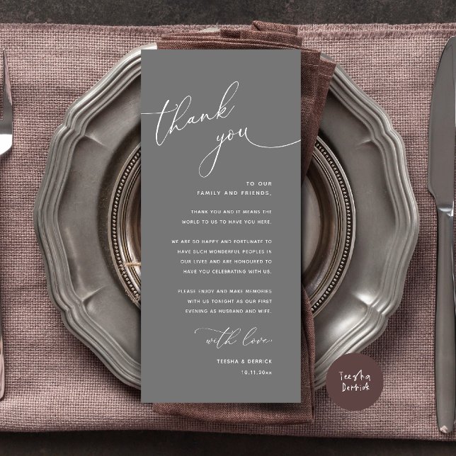 Minimalist Wedding Place Setting Thank You Card (Welcome n Thanks Wedding Reception Dinner Brunch Lunch Thank You Card in Dark Grey)