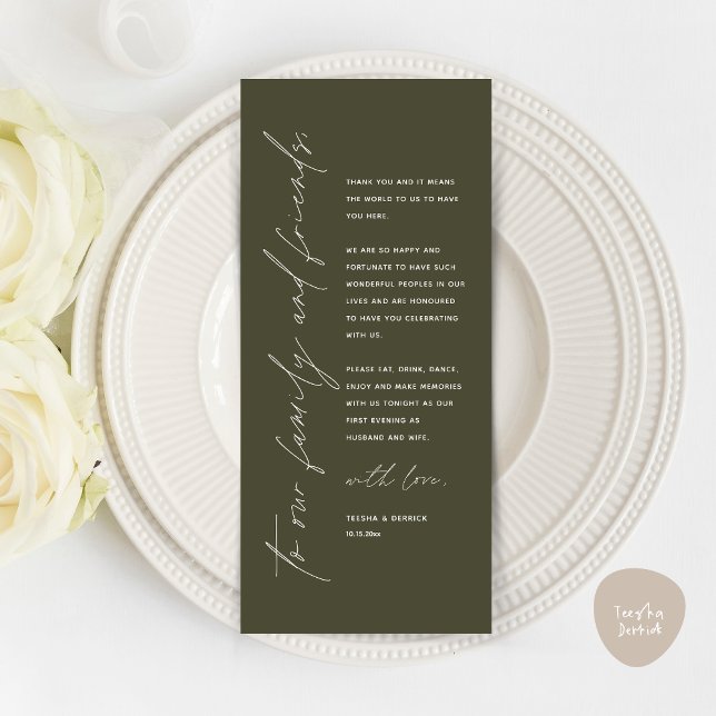 Minimalist Wedding Place Setting Thank You Card (Minimalist Wedding Place Setting Thank You Dinner Card, in Olive Green)