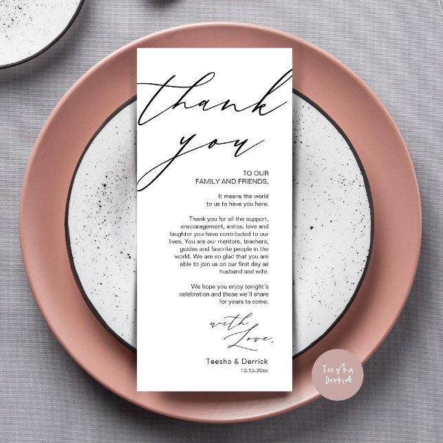 Minimalist Wedding Place Setting Thank You Card (Wedding Place Setting Dinner Thank You Card, Modern Romantic Script, in Black and White)