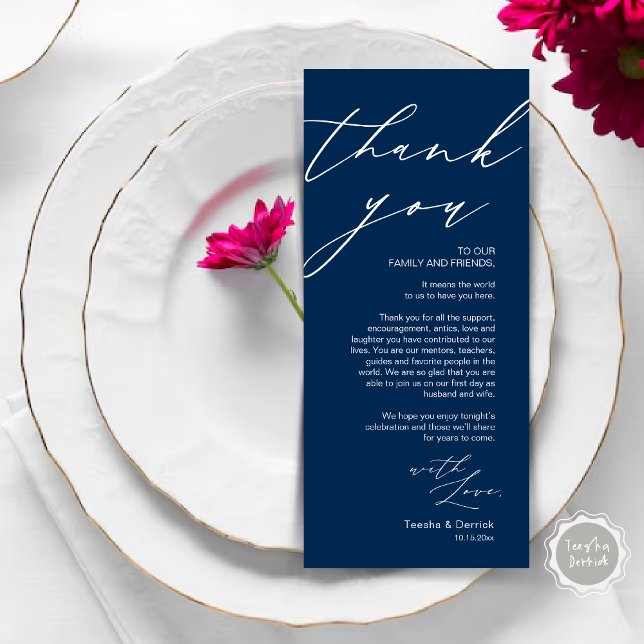 Minimalist Wedding Place Setting Thank You Card (Wedding Place Setting Dinner Thank You Card, Modern Romantic Script, in Navy Blue)