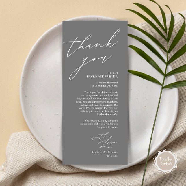 Minimalist Wedding Place Setting Thank You Card (Wedding Place Setting Dinner Thank You Card, Modern Romantic Script, in Dark Grey)