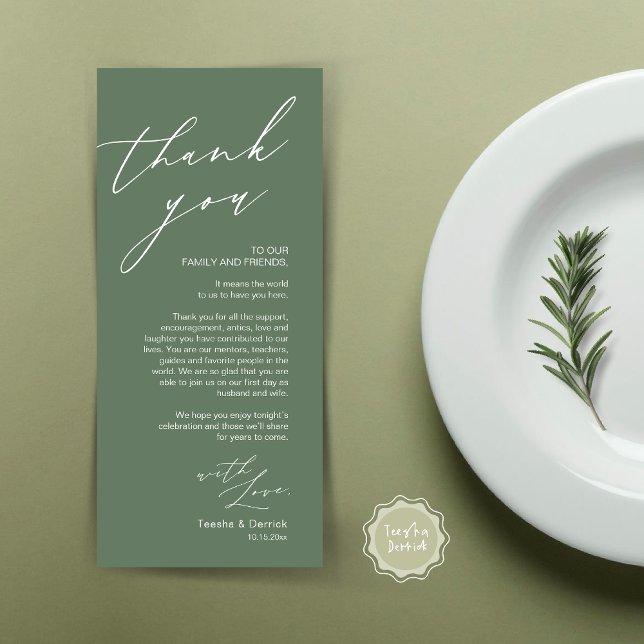 Minimalist Wedding Place Setting Thank You Card (Wedding Place Setting Dinner Thank You Card, Modern Romantic Script, in Forest Sage Green)