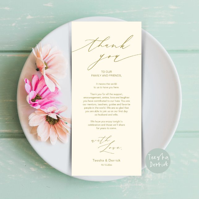 Minimalist Wedding Place Setting Thank You Card (Minimalist Wedding Dinner Place Setting Thank You Card, plate decor in Yellow Gold)
