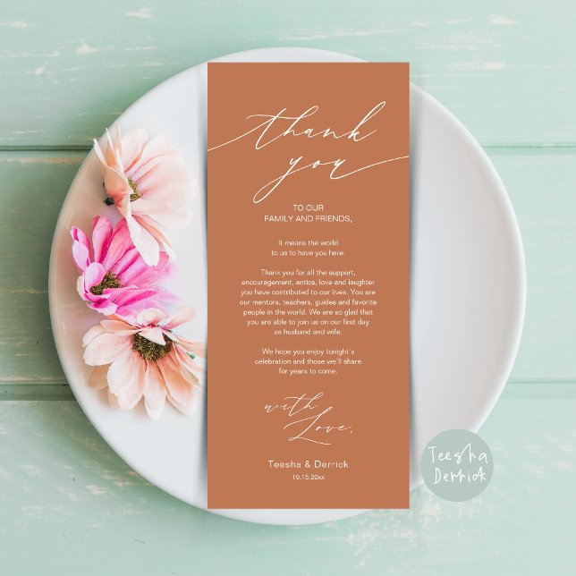 Minimalist Wedding Place Setting Thank You Card (Minimalist Wedding Dinner Place Setting Thank You Card, plate decor in Copper Rust Brown)