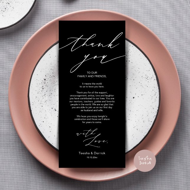 Minimalist Wedding Place Setting Thank You Card (Wedding Dinner Place Setting Thank You Card, Modern Minimalist Design, in classy black)