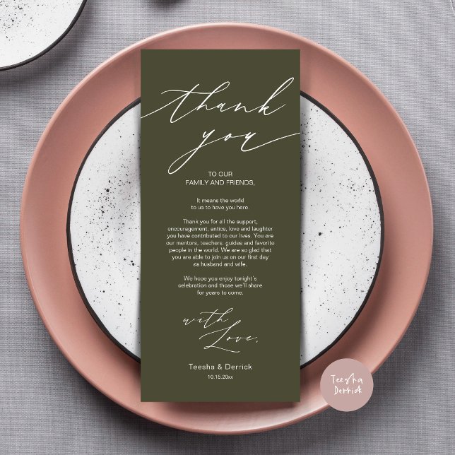 Minimalist Wedding Place Setting Thank You Card (Wedding Dinner Place Setting Thank You Card, Modern Minimalist Design, in Olive Green)