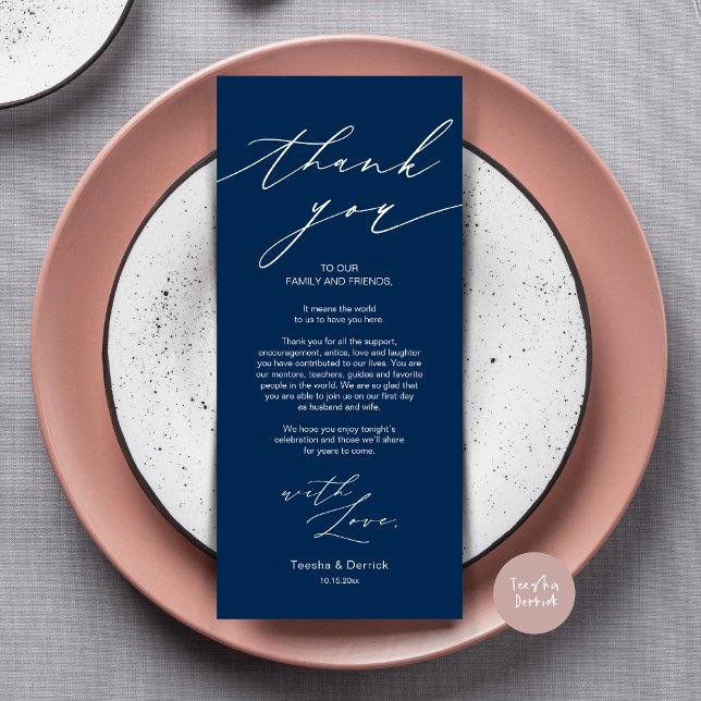 Minimalist Wedding Place Setting Thank You Card (Wedding Dinner Place Setting Thank You Card, Modern Minimalist Design, in navy blue)