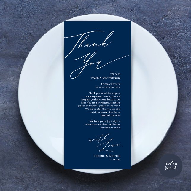 Minimalist Wedding Place Setting Thank You Card (Wedding Dinner Place Setting Thank You Card, Modern Minimalist, in Navy Blue)