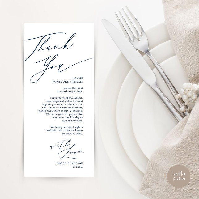 Minimalist Wedding Place Setting Thank You Card (Wedding Dinner Place Setting Thank You Card, Modern Minimalist, in Navy Blue)