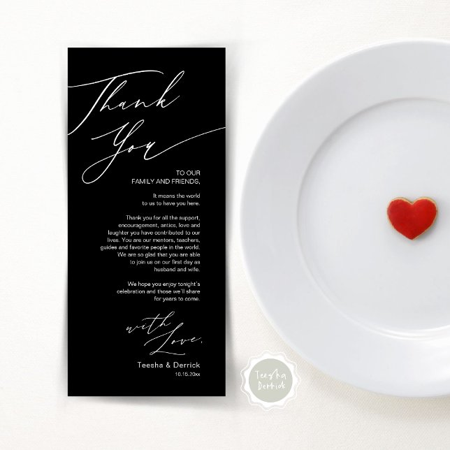 Minimalist Wedding Place Setting Thank You Card (Wedding Dinner Place Setting Thank You Card, Modern Minimalist, in Classy Black)