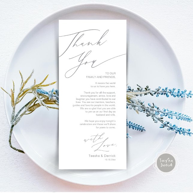 Minimalist Wedding Place Setting Thank You Card (Wedding Dinner Place Setting Thank You Card, Modern Minimalist, in Grey)