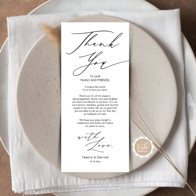 Minimalist Wedding Place Setting Thank You Card (Wedding Dinner Place Setting Thank You Card, in Modern Gentle Script, Black themed, Plate Decoration)