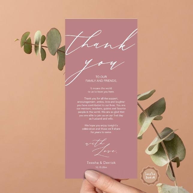 Minimalist Wedding Place Setting Thank You Card (Wedding Dinner Place Setting Thank You Card, in Modern Minimalist Script, Dusty Rose Pink)