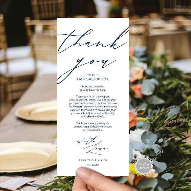 Minimalist Wedding Place Setting Thank You Card (Wedding Dinner Place Setting Thank You Card, in Modern Minimalist Script, Navy Blue.)
