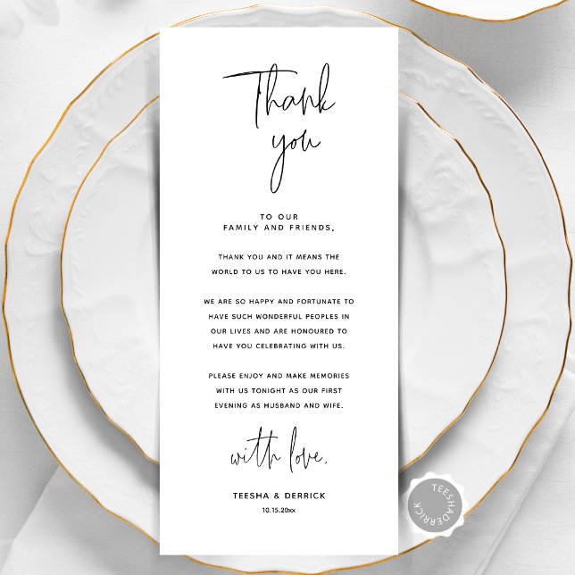 Minimalist Wedding Place Setting Thank You Card (Modern Minimalist Wedding Place Setting Thank You Card, Dinner place decor, Napkin notes, editable)