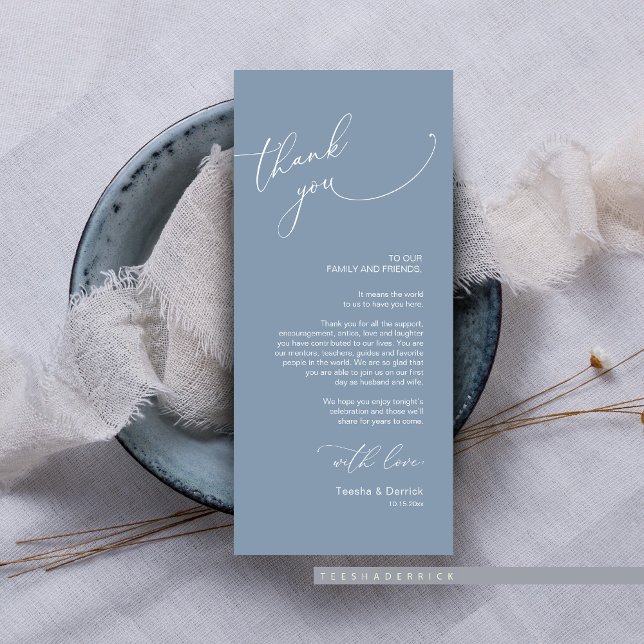 Minimalist Wedding Place Setting Thank You Card (Wedding Dinner or Brunch Guest Place Setting Thank You Card, In Modern Classy Romantic Dusty Blue.)