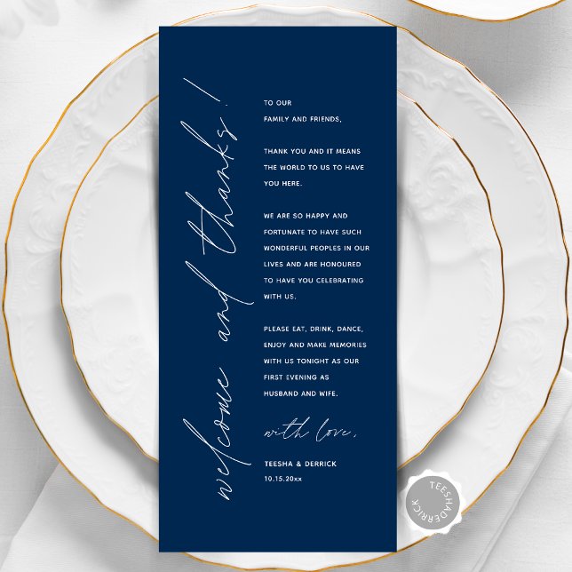 Minimalist Wedding Place Setting Thank You Card (Welcome and Thanks, Wedding Place Setting Thank You Card, Elopement Dinner Dancing, Navy Blue)