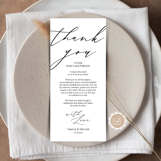 Minimalist Wedding Place Setting Thank You Card (Wedding Dinner Place Setting Thank You Card, Plate Decor, in Modern Gentle Script, Black themed.)
