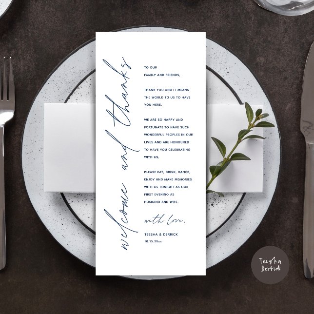 Minimalist Wedding Place Setting Thank You Card (Wedding Dinner Place Setting Thank You Card, Modern Minimalist, in Navy Blue)