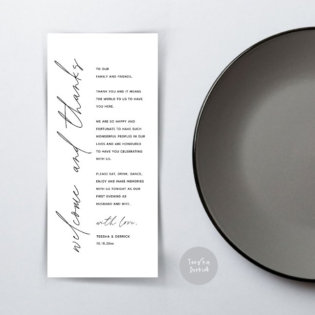 Minimalist Wedding Place Setting Thank You Card (Wedding Dinner Place Setting Thank You Card, Modern Minimalist, in Black and White)