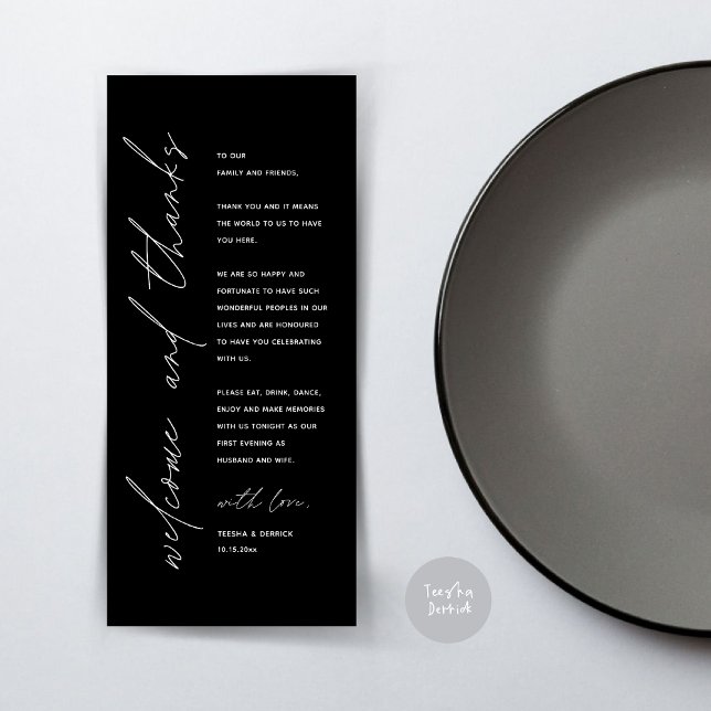 Minimalist Wedding Place Setting Thank You Card (Wedding Dinner Place Setting Thank You Card, Modern Minimalist, in Classy Black)