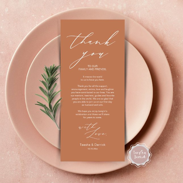 Minimalist Wedding Place Setting Thank You Card (Wedding Brunch, Lunch, Dinner Place Setting Thank You Card, Modern Minimalist Script, in copper rust)