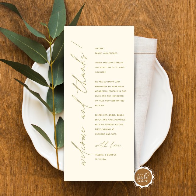 Minimalist Wedding Place Setting Thank You Card (Minimalist Wedding Place Setting Thank You Card, for dinner, brunch, lunch party, in classy gold)