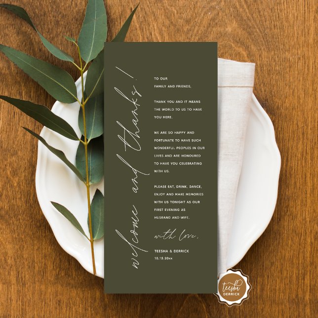 Minimalist Wedding Place Setting Thank You Card (Minimalist Wedding Place Setting Thank You Card, for dinner, brunch, lunch party, in olive green)
