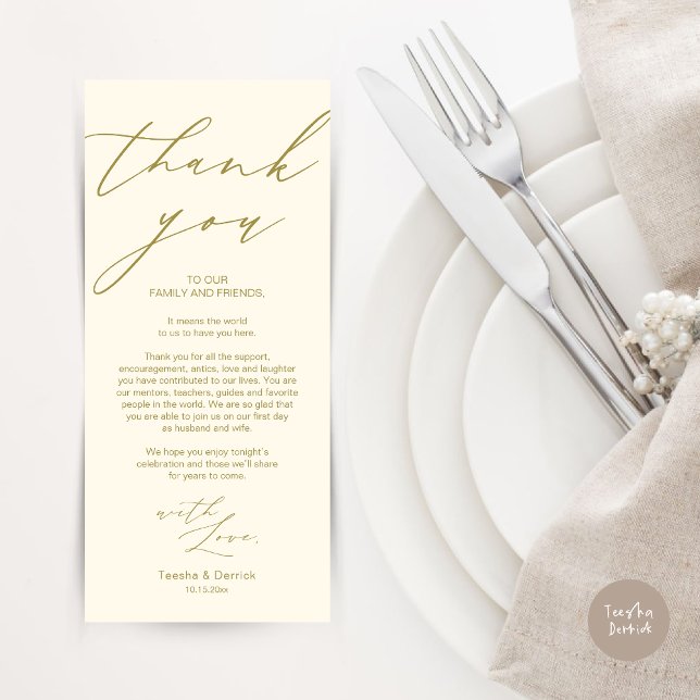 Minimalist Wedding Place Setting Thank You Card (Modern Minimalist Wedding Dinner Place Setting Thank You Card in aesthetic yellow gold)
