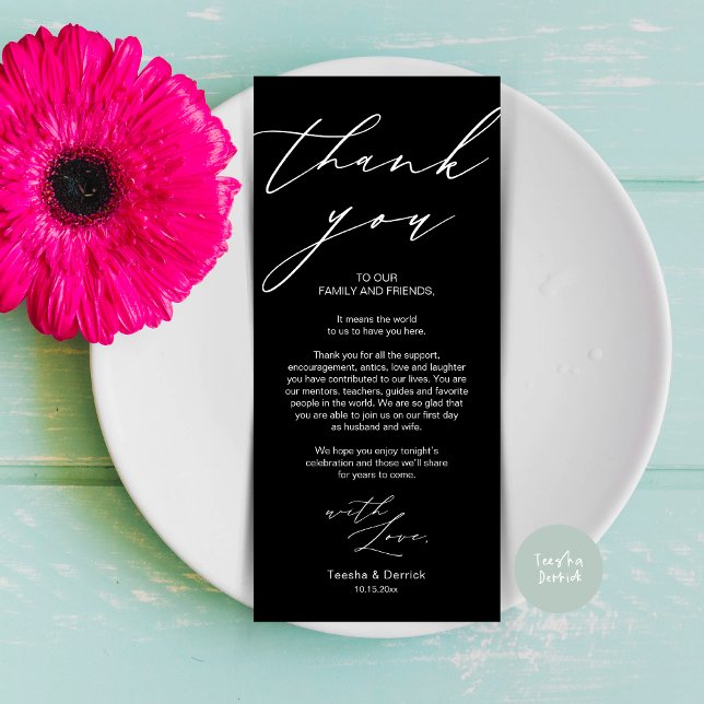 Minimalist Wedding Place Setting Thank You Card (Modern Minimalist Wedding Dinner Place Setting Thank You Card in Black White)
