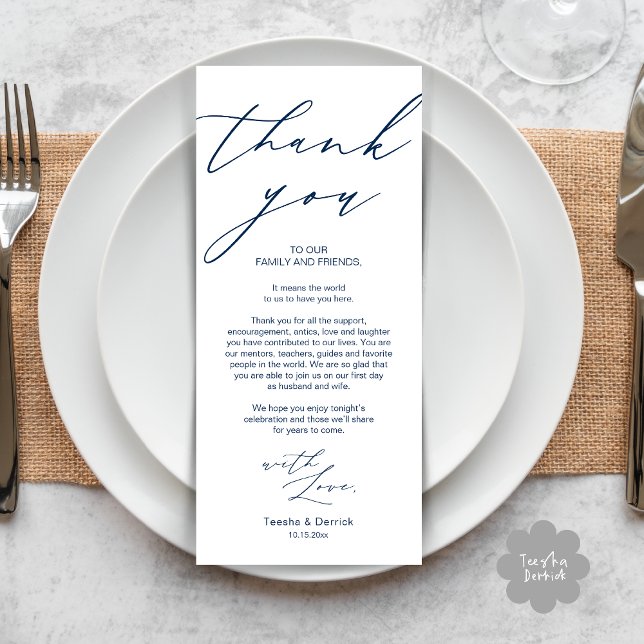 Minimalist Wedding Place Setting Thank You Card (Modern Minimalist Wedding Dinner Place Setting Thank You Card in Navy Blue)