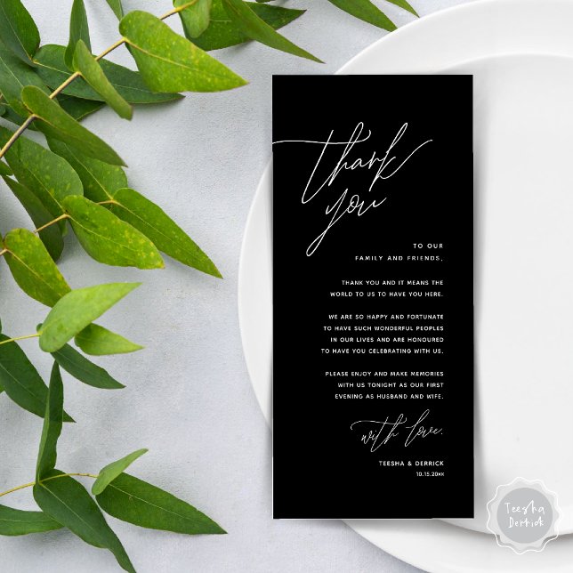 Minimalist Wedding Place Setting Thank You Card (Romantic Minimalist Wedding Dinner Place Setting Thank You Card, in Classy Black)